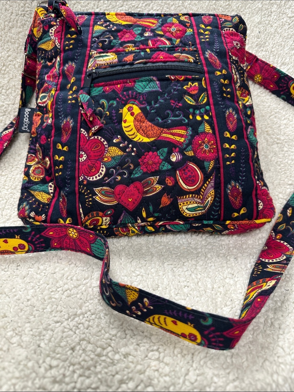 Bocabag crossbody black & burgundy quilted floral / bird  hippie Boho bag EUC!